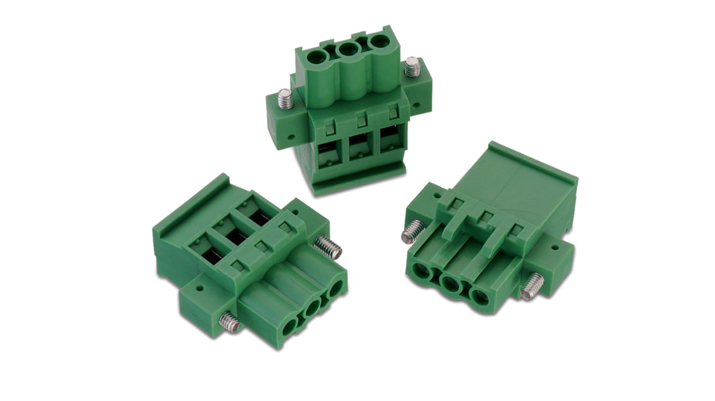 Borne para PCB Wurth Elektronik de 3 vías , paso 5.08mm, 15A, de color Verde, montaje de cable, terminación Soldador