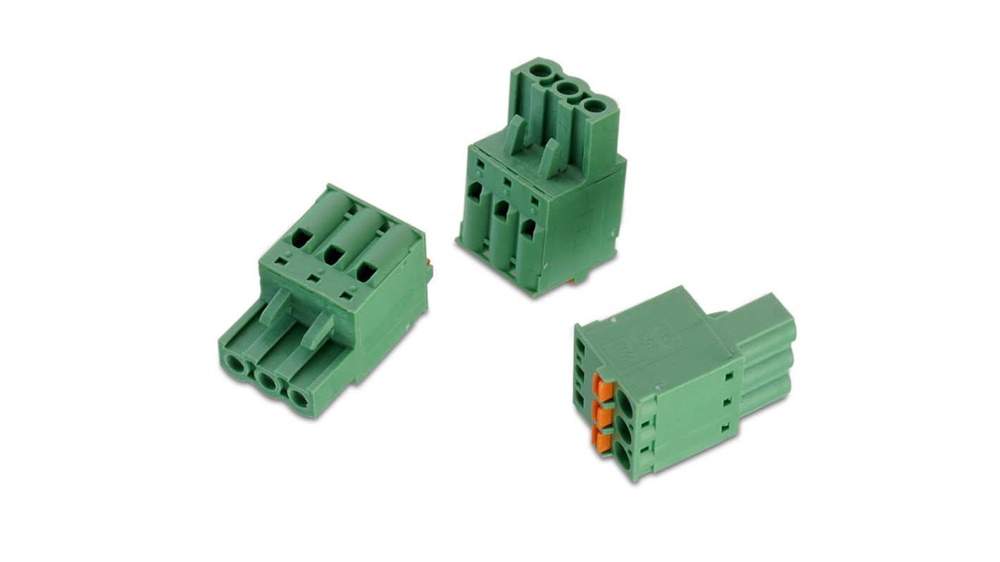 Borne para PCB Wurth Elektronik de 5 vías , paso 5.08mm, 10A, de color Verde, montaje de cable, terminación Soldador