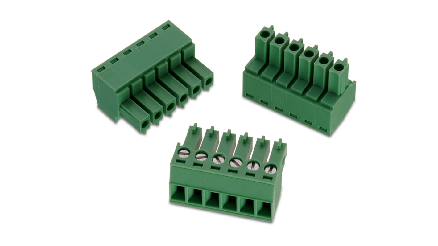 Borne para PCB Wurth Elektronik de 19 vías , paso 3.81mm, 10A, de color Verde, montaje de cable, terminación Soldador