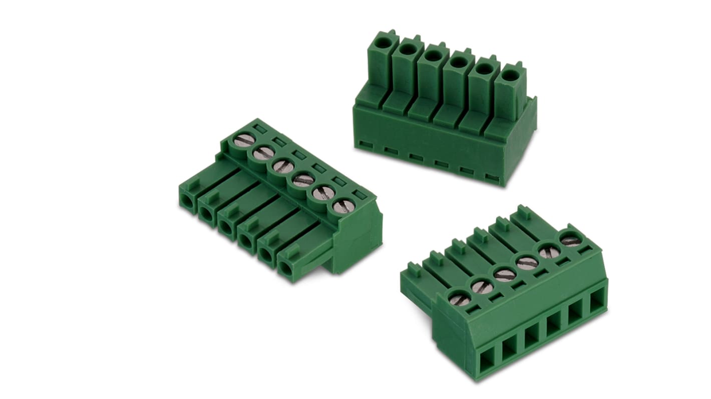 Borne para PCB Wurth Elektronik de 7 vías , paso 3.5mm, 10A, de color Verde, montaje de cable, terminación Soldador