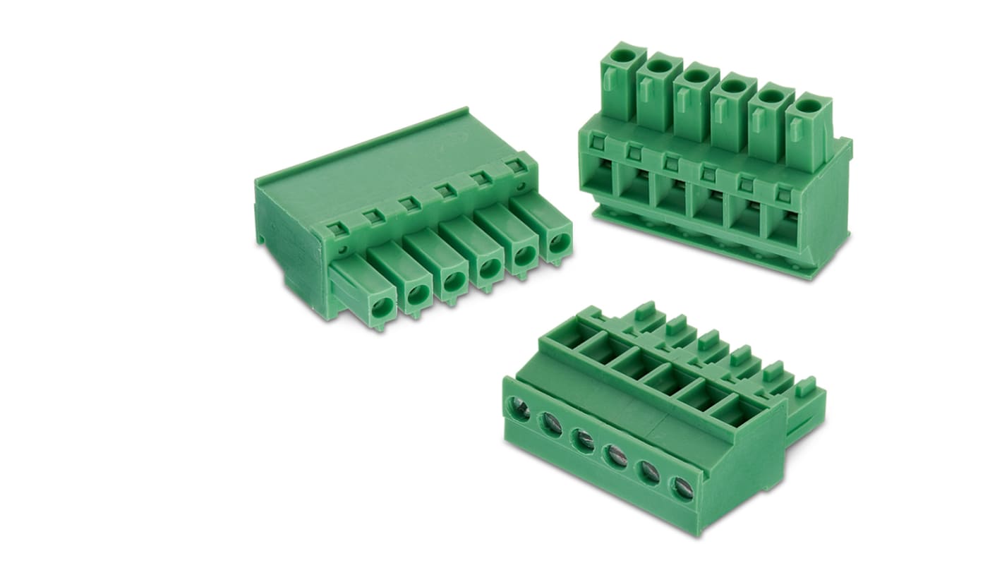 Borne para PCB Wurth Elektronik de 6 vías , paso 3.81mm, 10.5A, de color Verde, montaje de cable, terminación Soldador