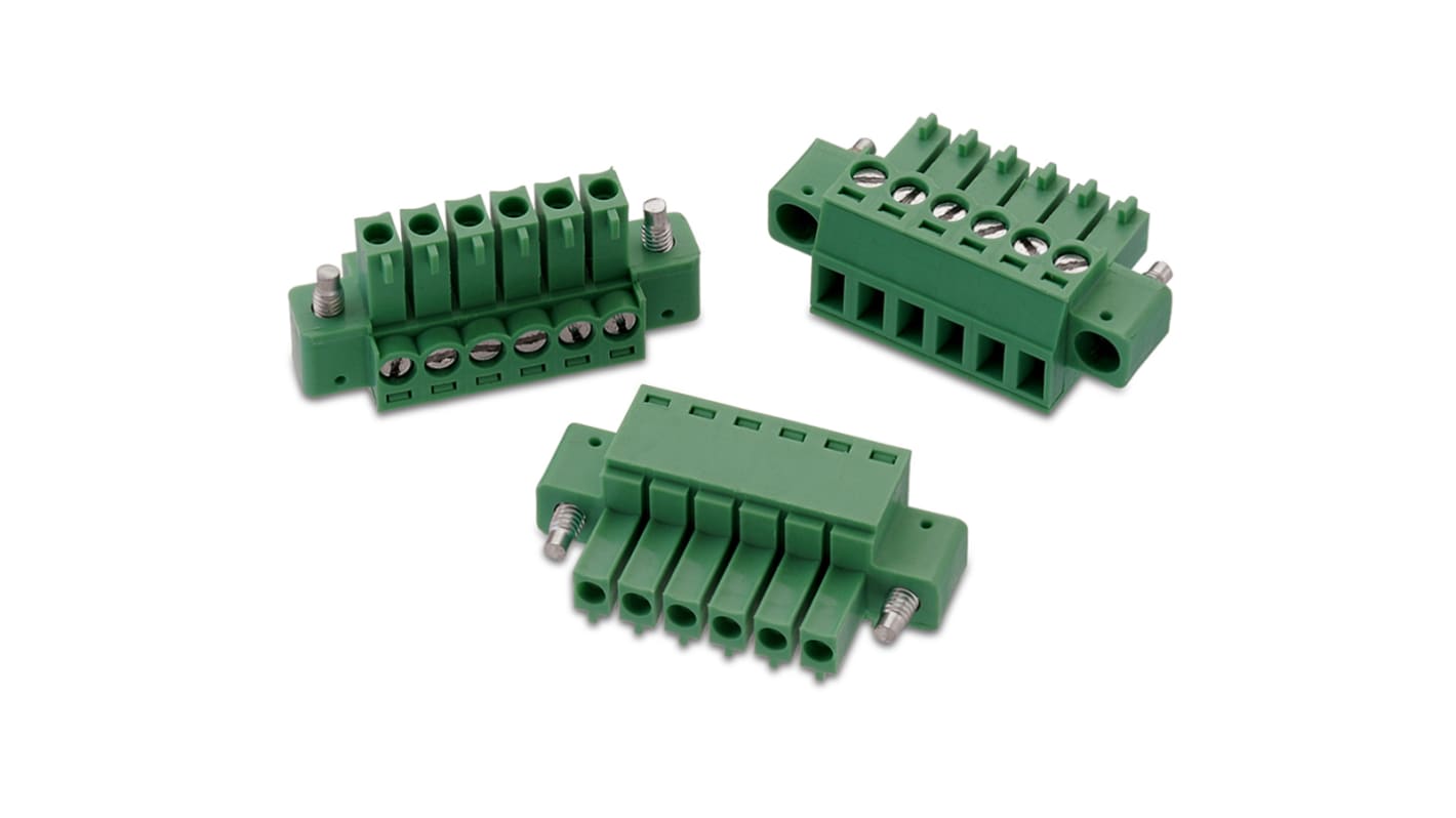 Borne para PCB Wurth Elektronik de 5 vías , paso 3.5mm, 10A, de color Verde, montaje de cable, terminación Soldador