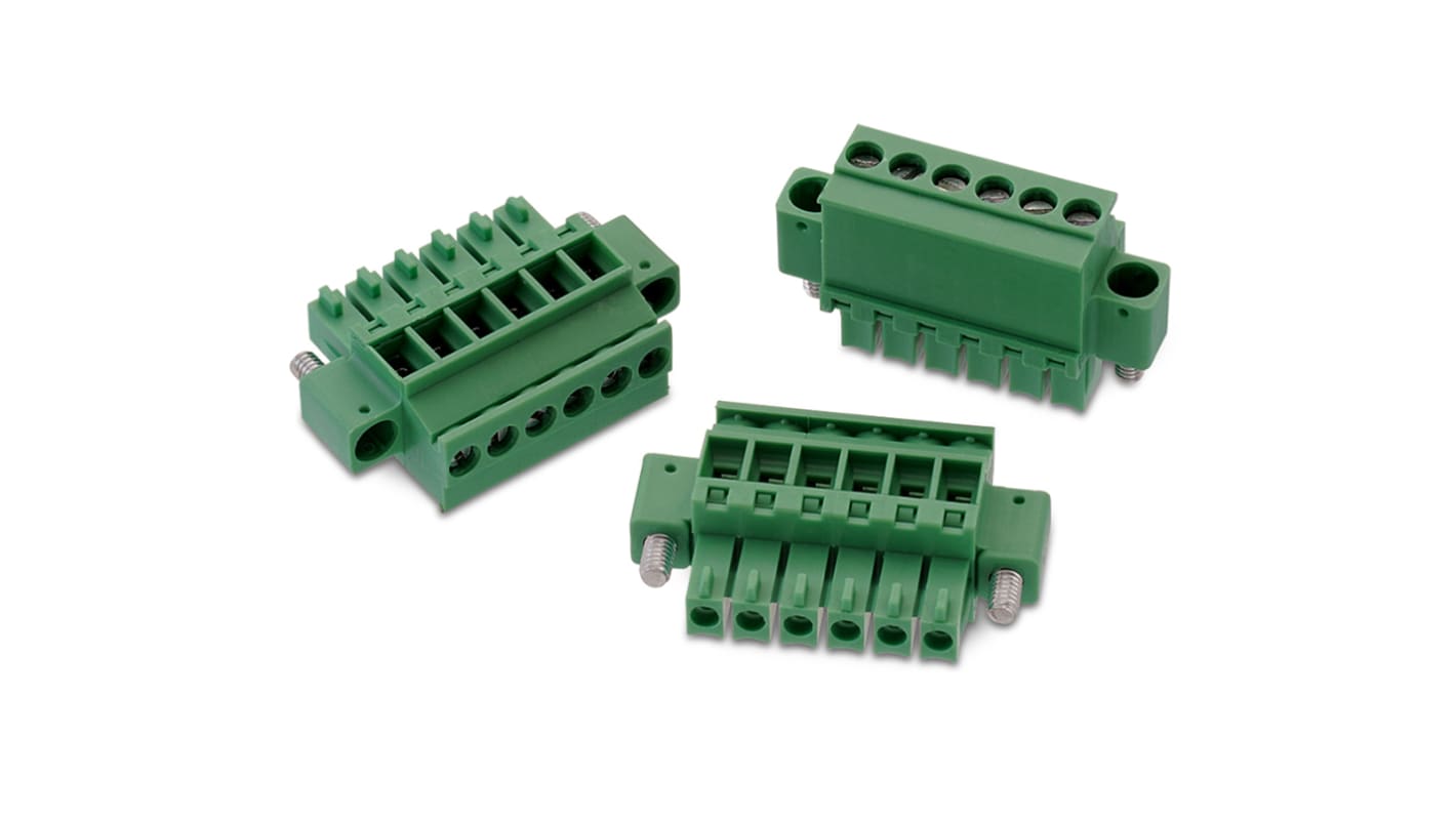 Borne para PCB Wurth Elektronik de 3 vías , paso 3.5mm, 10A, de color Verde, terminación Soldador