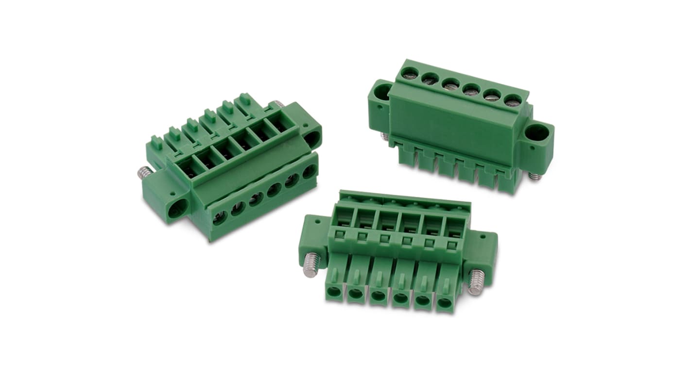 Borne para PCB Wurth Elektronik de 8 vías , paso 3.5mm, 10A, de color Verde, montaje de cable, terminación Soldador