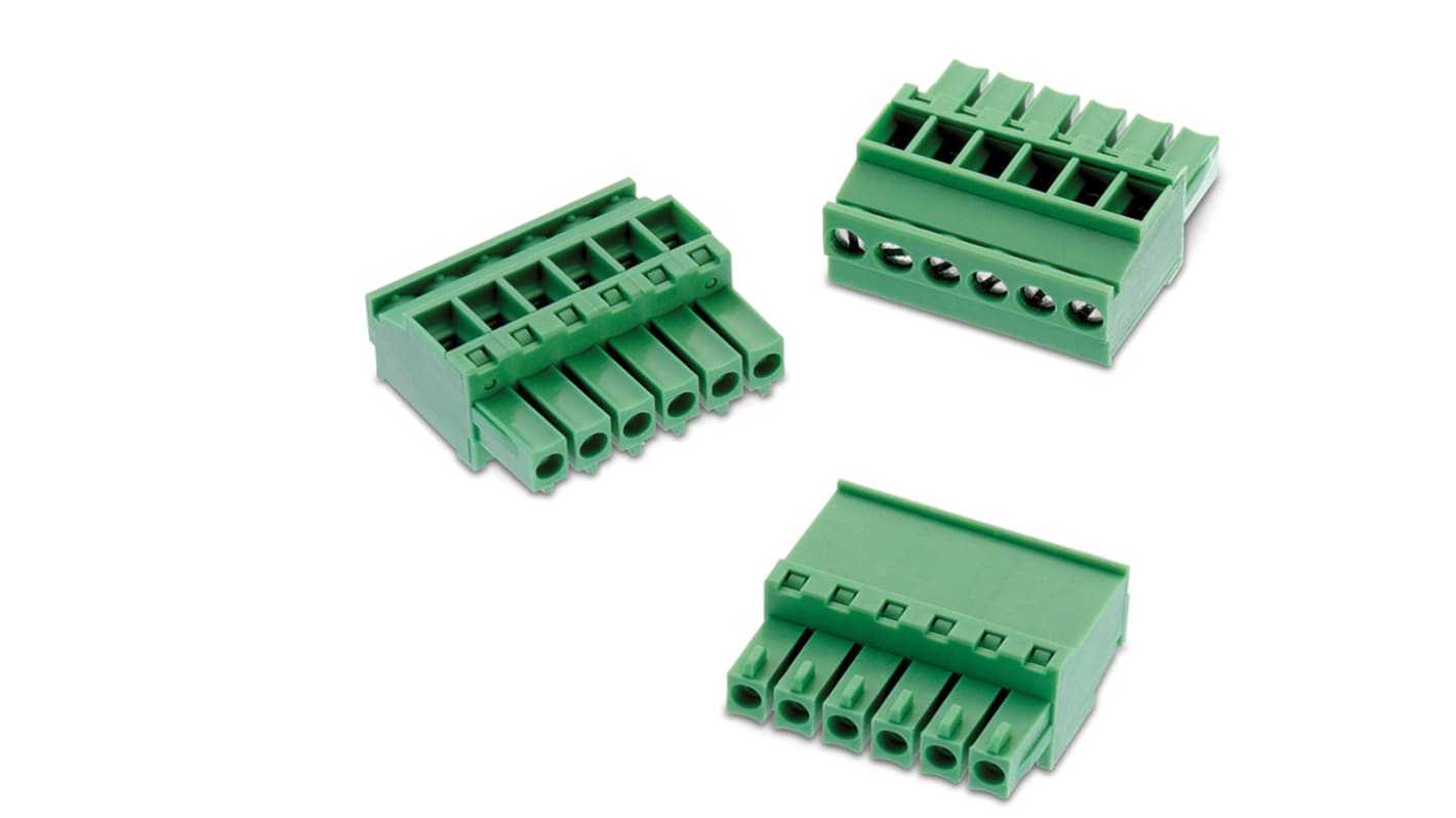 Borne para PCB Macho Wurth Elektronik de 5 vías , paso 3.5mm, 10A, de color Verde, montaje de cable, terminación