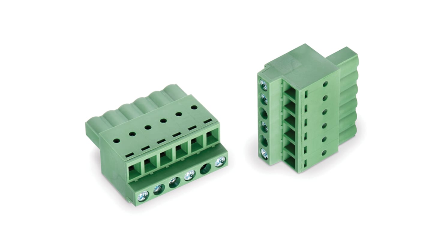 Borne para PCB Macho Wurth Elektronik de 6 vías , paso 5.08mm, 16A, de color Verde, montaje de cable, terminación