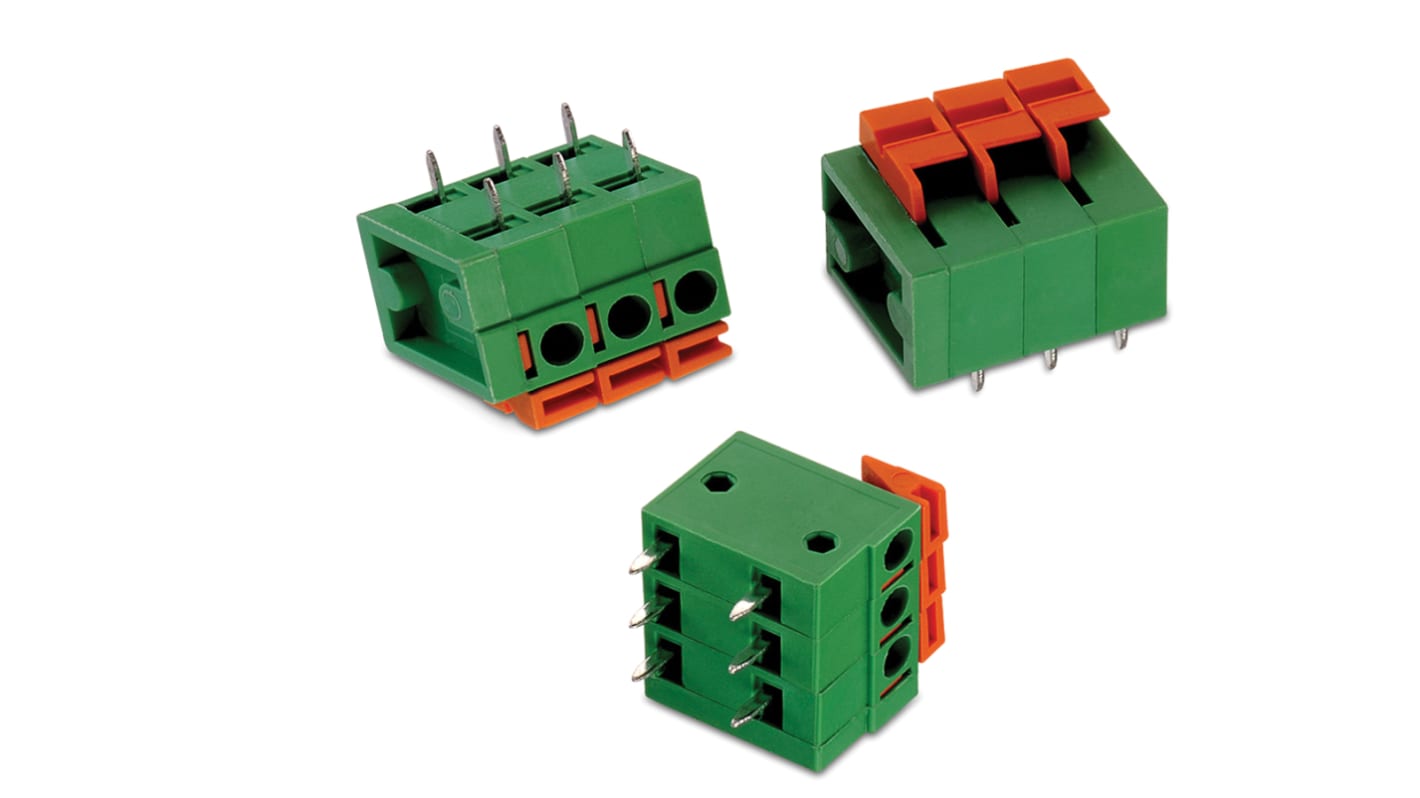 Borne para PCB Macho Wurth Elektronik de 10 vías , paso 5mm, 10A, de color Verde, montaje en PCB, terminación Soldador