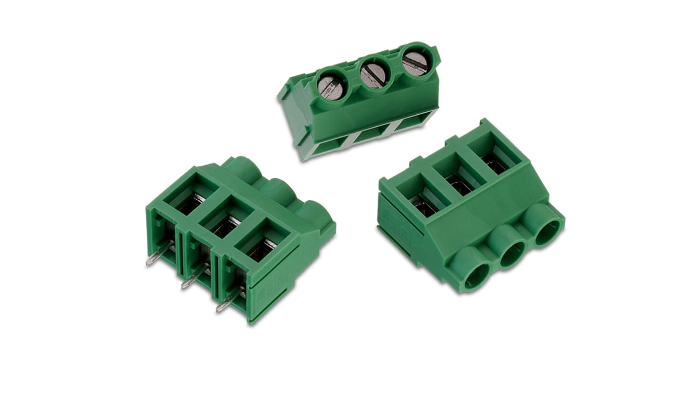 Borne para PCB Wurth Elektronik de 3 vías , paso 7.62mm, 30A, de color Verde, montaje Montaje en orificio pasante,