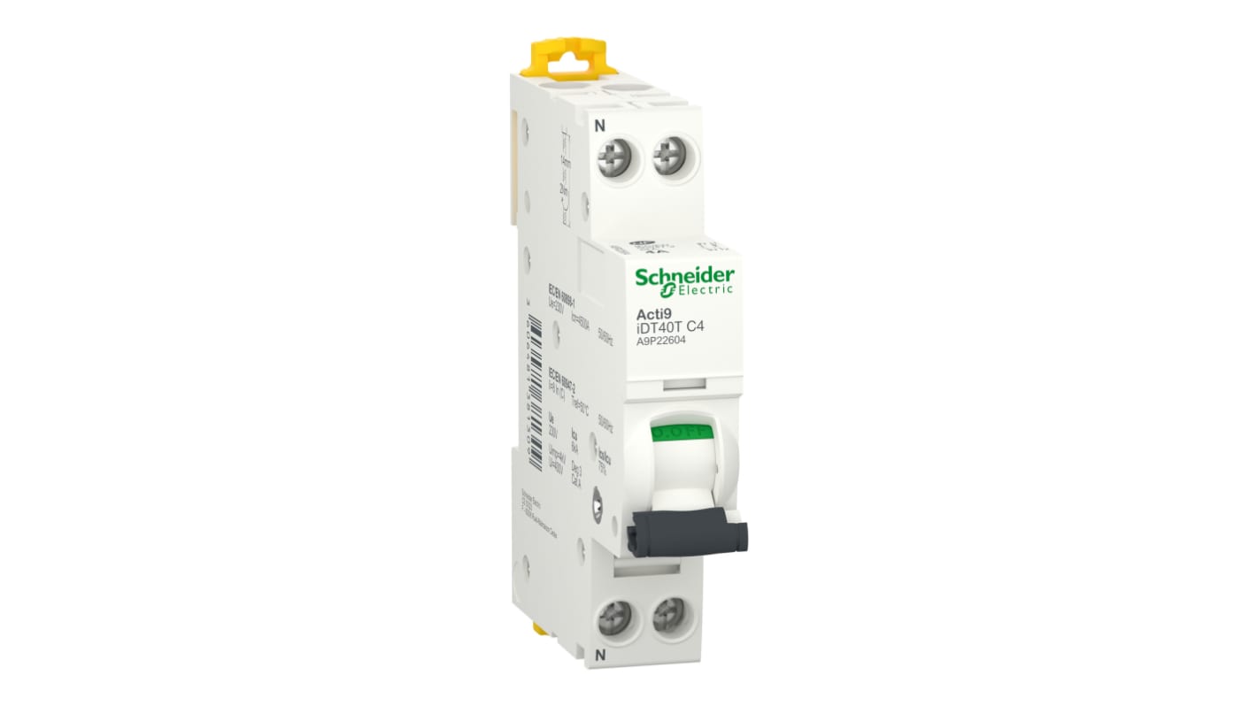 Disjoncteur Schneider Electric Acti9 iDT40T 1P+N, 4A, pouvoir de coupure 6 kA, montage rail DIN