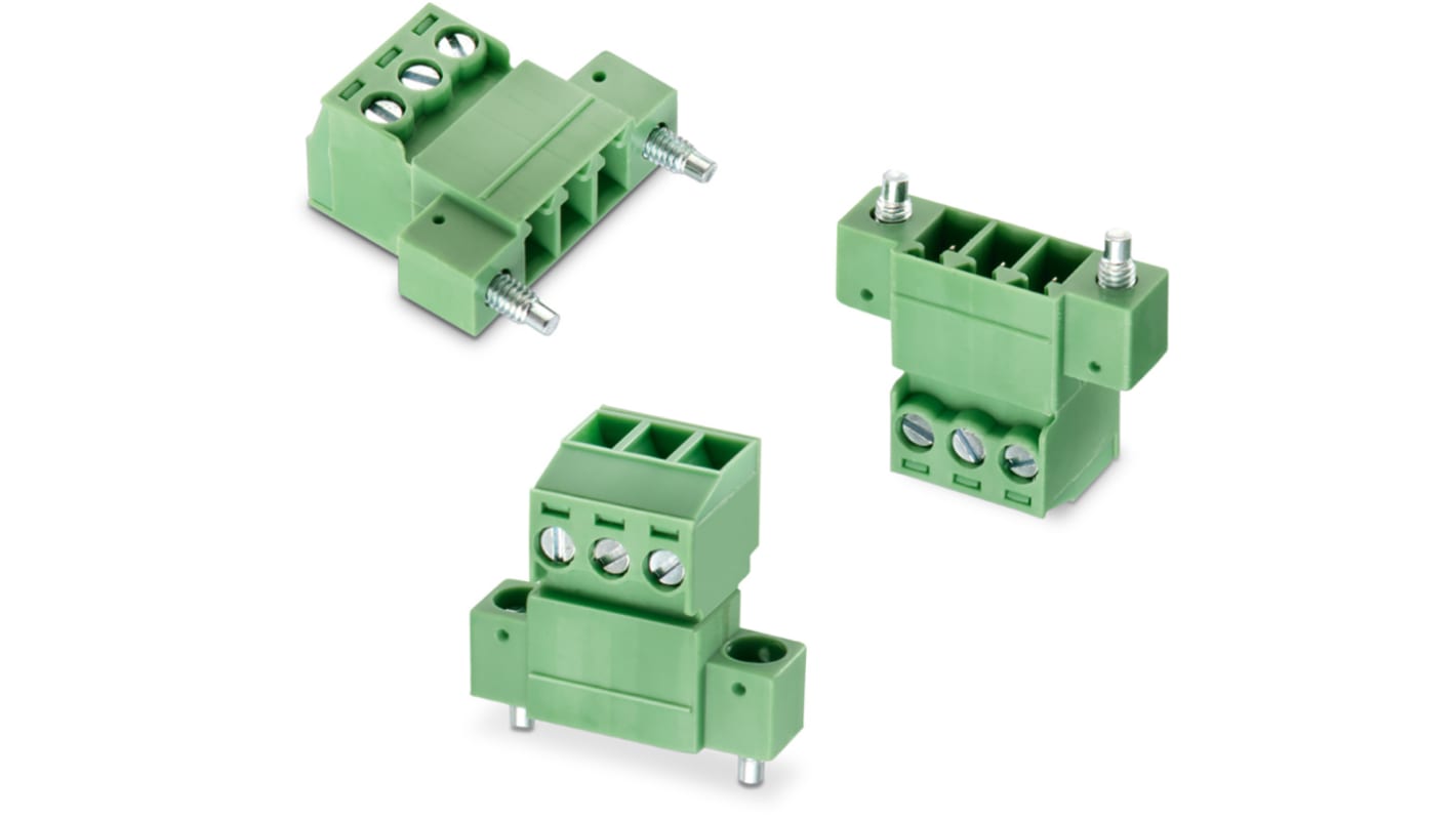 Borne para PCB Wurth Elektronik de 3 vías , paso 3.81mm, 8A, de color Verde, montaje de cable, terminación Soldador