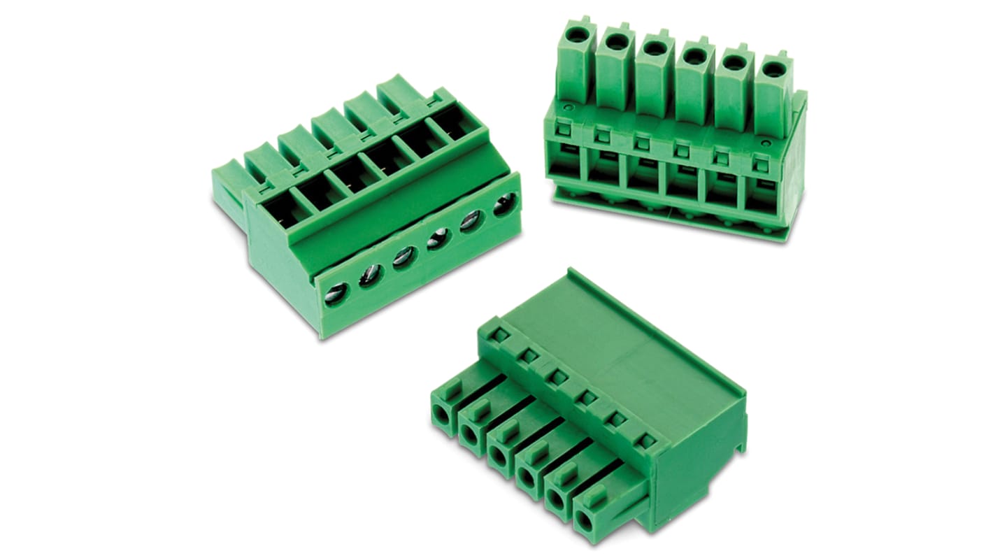 Borne para PCB Macho Wurth Elektronik de 8 vías , paso 3.81mm, 10A, de color Verde, montaje de cable, terminación