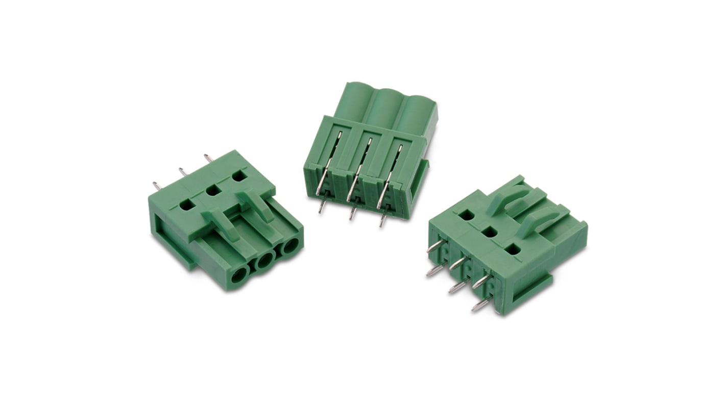 Borne para PCB Wurth Elektronik de 3 vías , paso 5.08mm, 20A, de color Verde, montaje Montaje en orificio pasante,