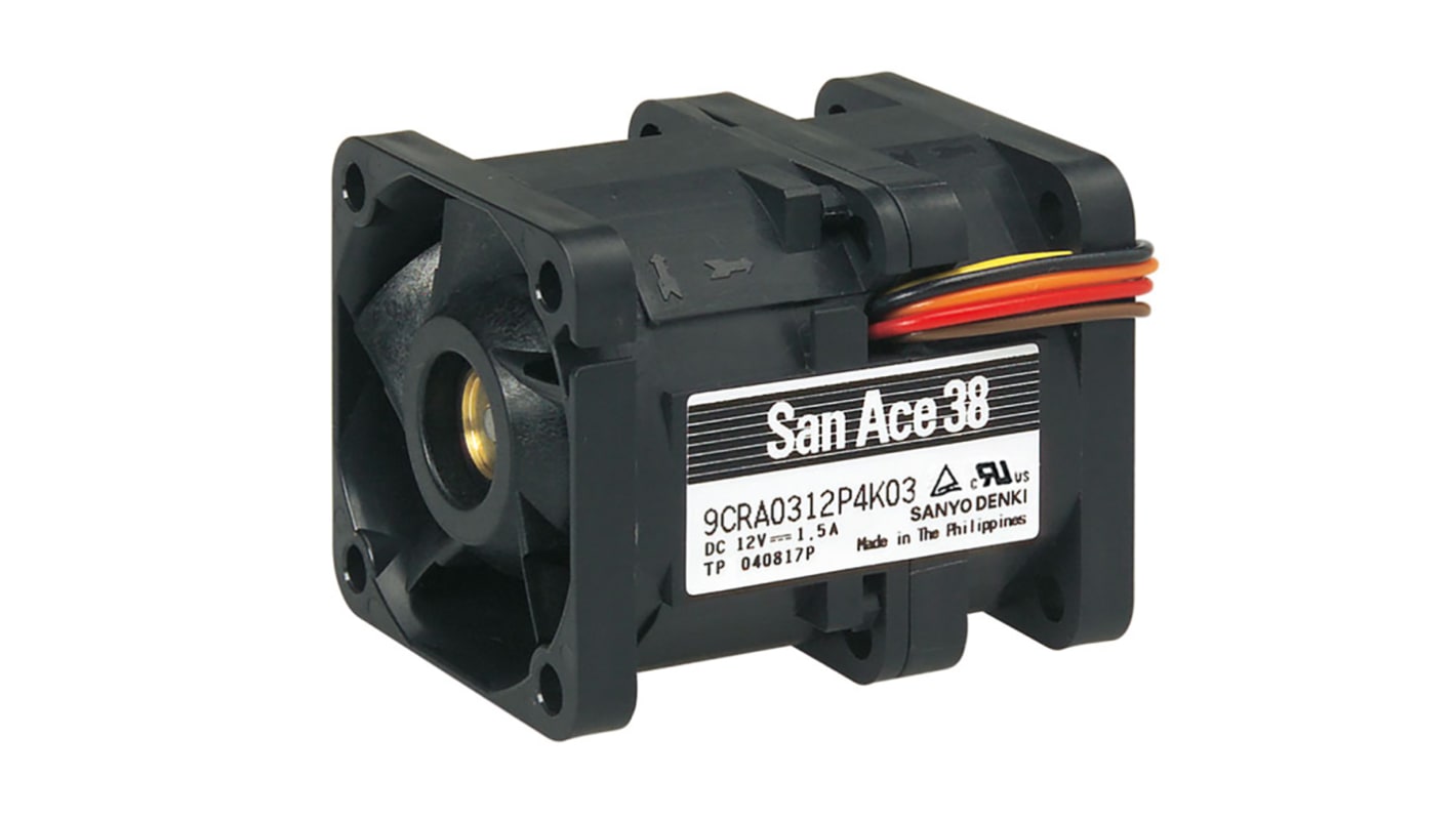 Sanyo Denki 9CRA DC-Axiallüfter, Kugellager, 12 V dc / 18W, 38 x 48 x 38mm, 14520 (Outlet) RPM, 17600 (Inlet) RPM,