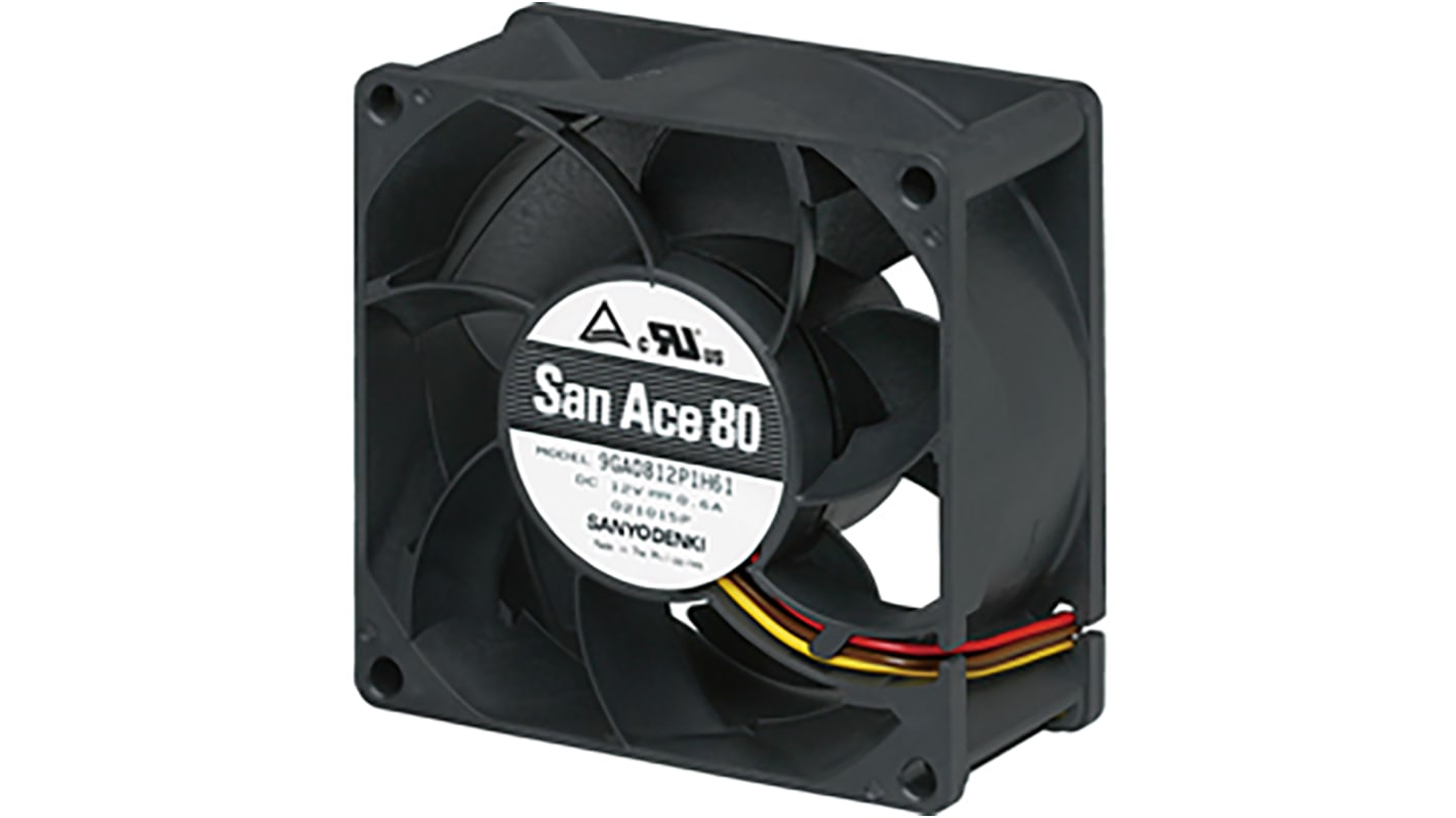 Ventilador Axial Sanyo Denki 9GA de 80 x 80 x 38mm, 12 V dc, 7.2W, caudal 134.9m³/h, 55dB(A), salida Pulso