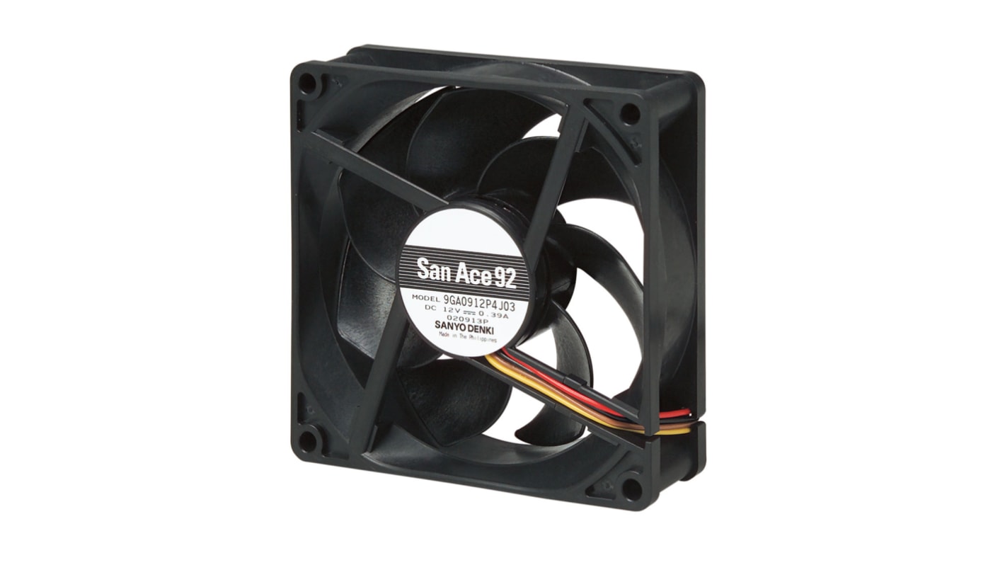 Sanyo Denki 9GA Series Axial Fan, 12 V dc, DC Operation, 132m³/h, 4.68W, 390mA Max, 92 x 92 x 25mm