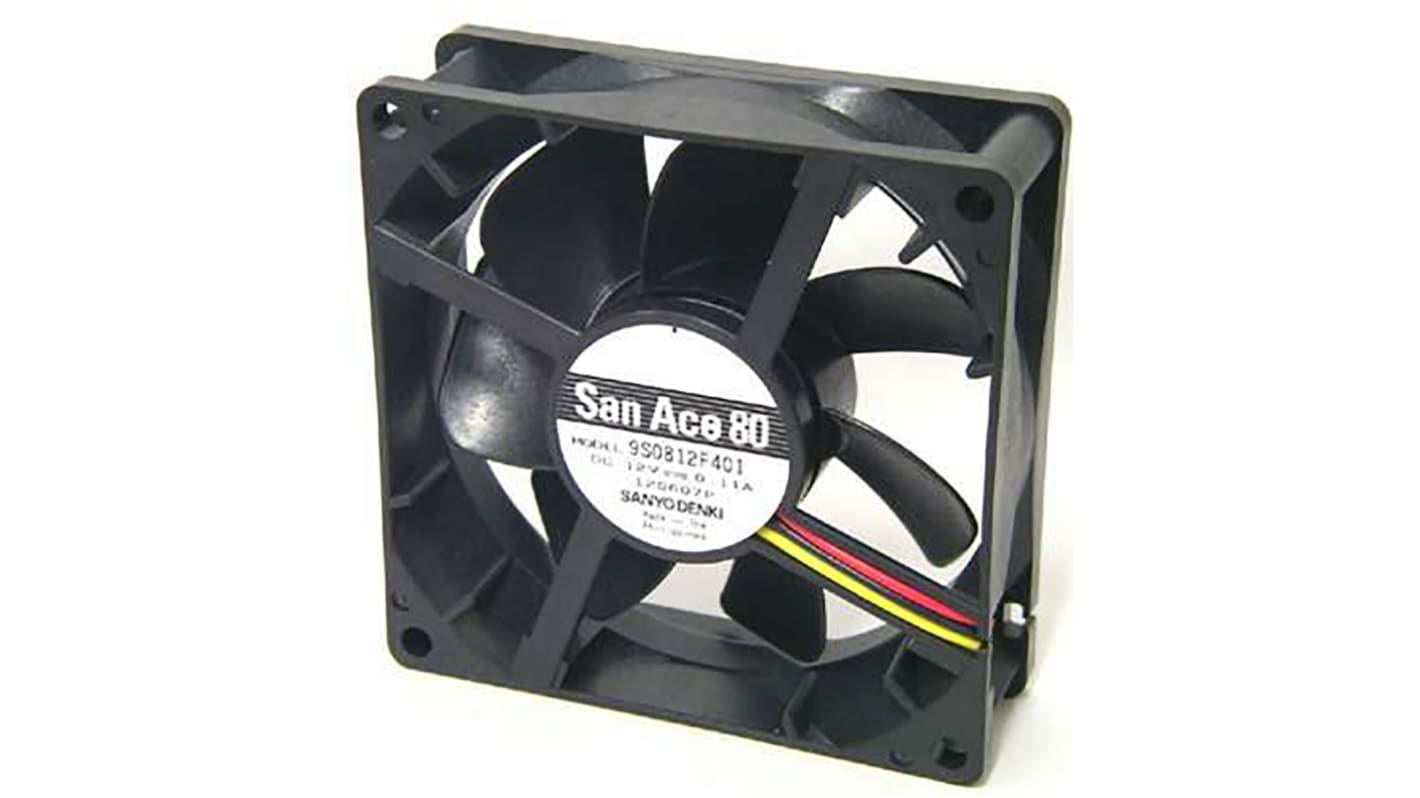 Sanyo Denki 9S Series Axial Fan, 12 V dc, DC Operation, 55.7m³/h, 1.32W, 110mA Max, 80 x 80 x 25mm