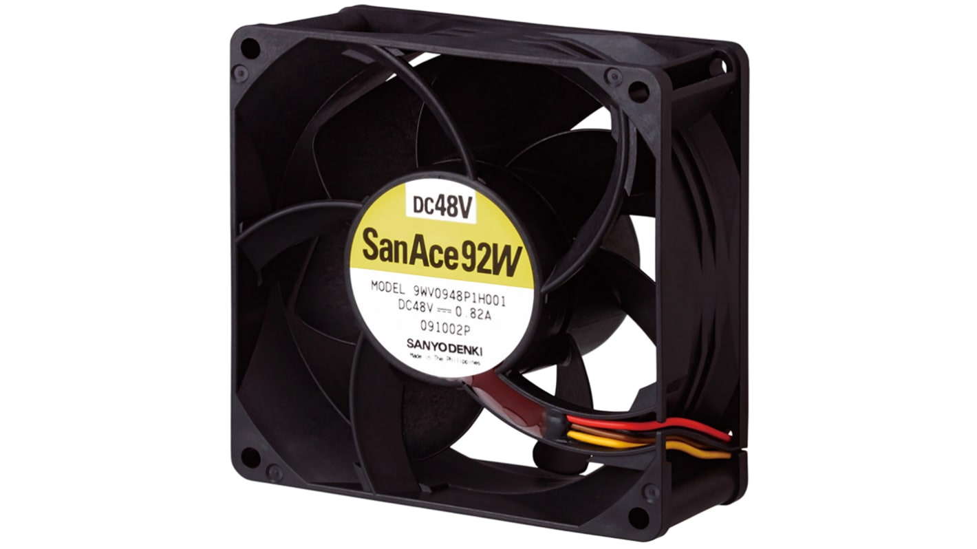 Ventilador Axial Sanyo Denki 9WV de 92 x 92 x 38mm, 48 V dc, 39.4W, caudal 302.4m³/h, 64dB(A), salida Pulso, IP68