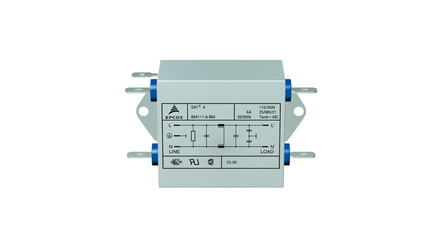 EPCOS 2 x 0.1 μF, 2 x 4700pF EMC-szűrő 1A, 250 V AC/DC, 50/60Hz 2 x 1,5 mH, lezárás: Fül 0,369 mA, B84111A sorozat