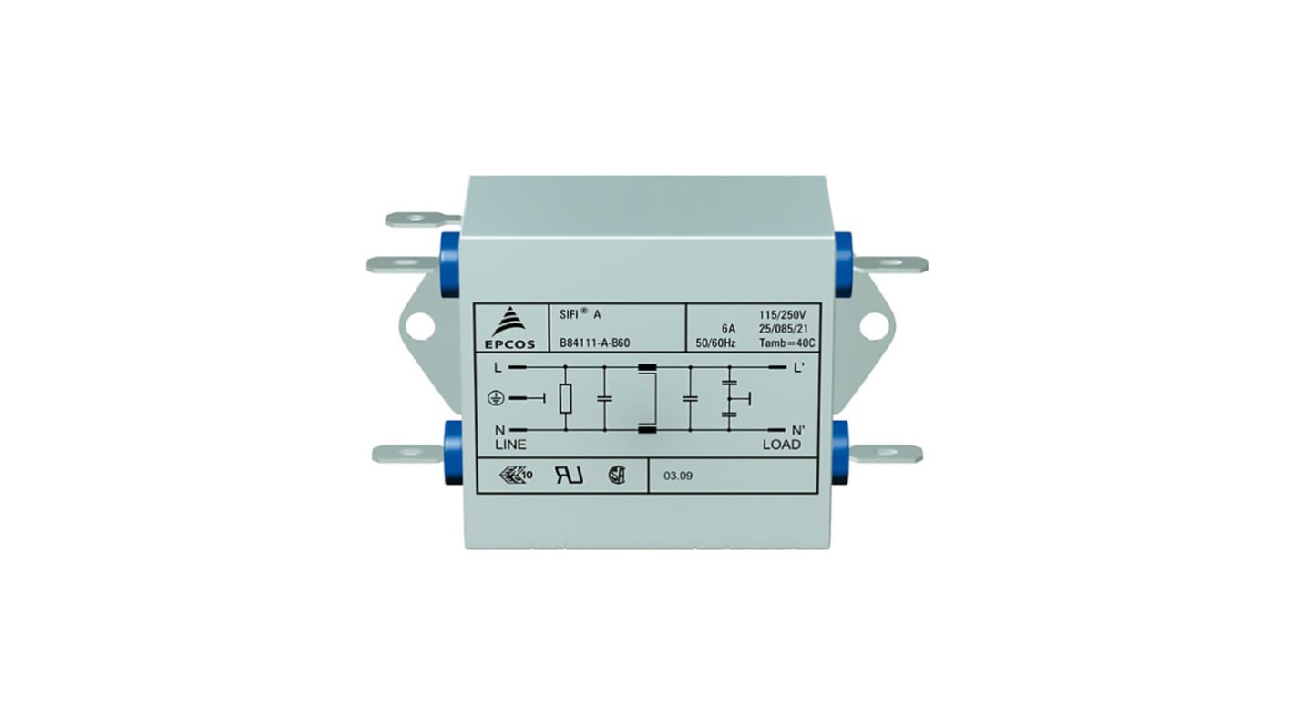 EPCOS, B84111A 6A 250 V ac/dc 50/60Hz EMC Filter, Tab, Single Phase