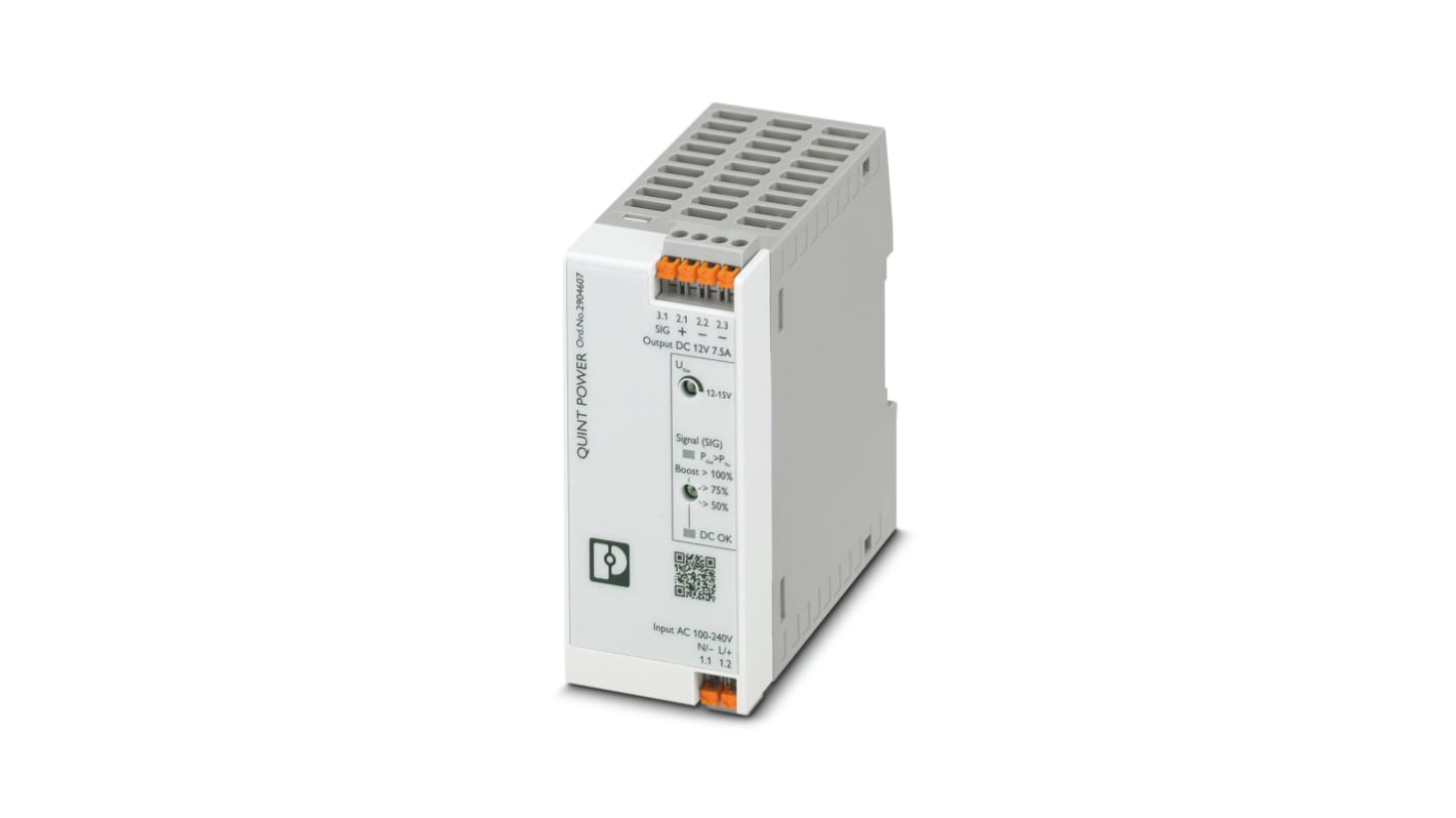 Phoenix Contact DINレール取付け用スイッチング電源, 2904607, 出力：7.5A, 定格：96.3VA 入力電圧：ac, dc 出力電圧：dc 12V dc/