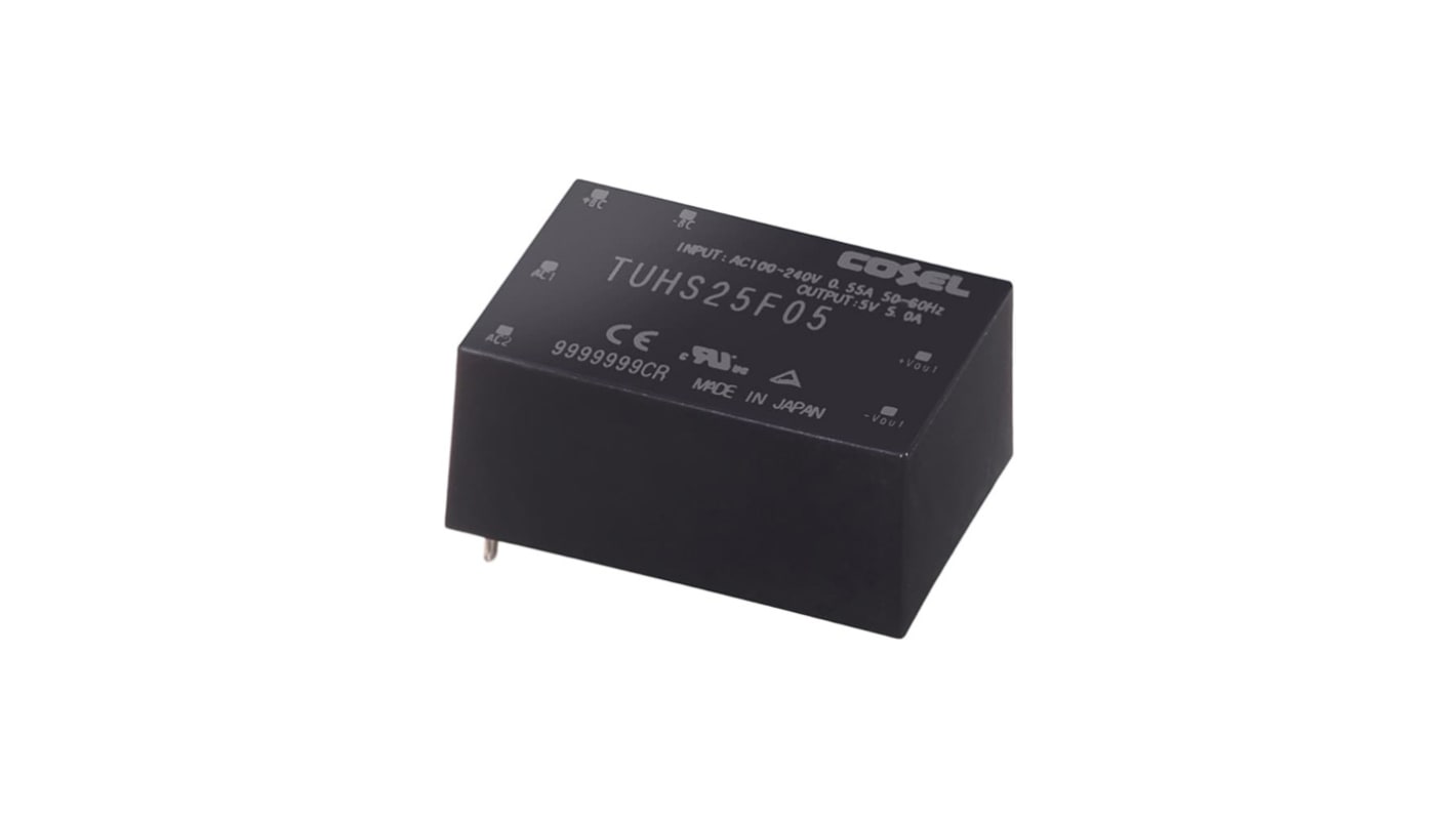 Cosel Switching Power Supply, TUHS25F05, 5V dc, 5A, 25W, 1 Output, 120 → 370 V dc, 85 → 264 V ac Input