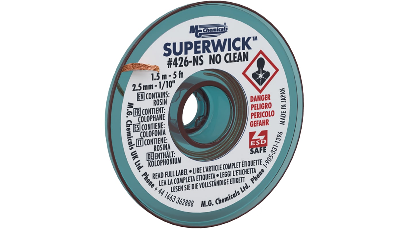 Tresse à dessouder, Super Wick, 1.5m x 2.5mm SUPERWICK 426-NS, Sans nettoyant