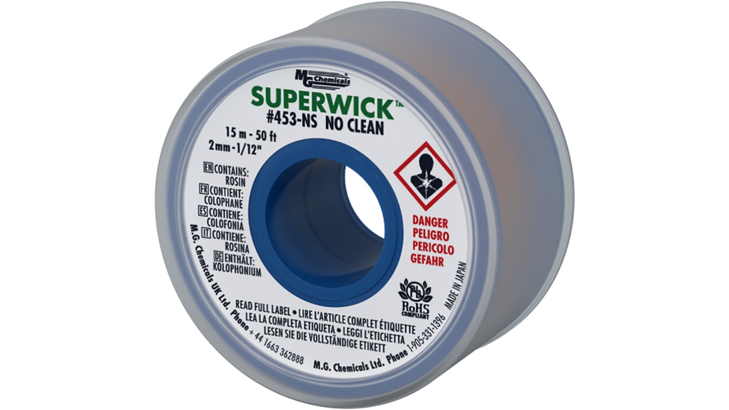 Tresse à dessouder, Super Wick, 15m x 2mm SUPERWICK 453-NS, Sans nettoyant