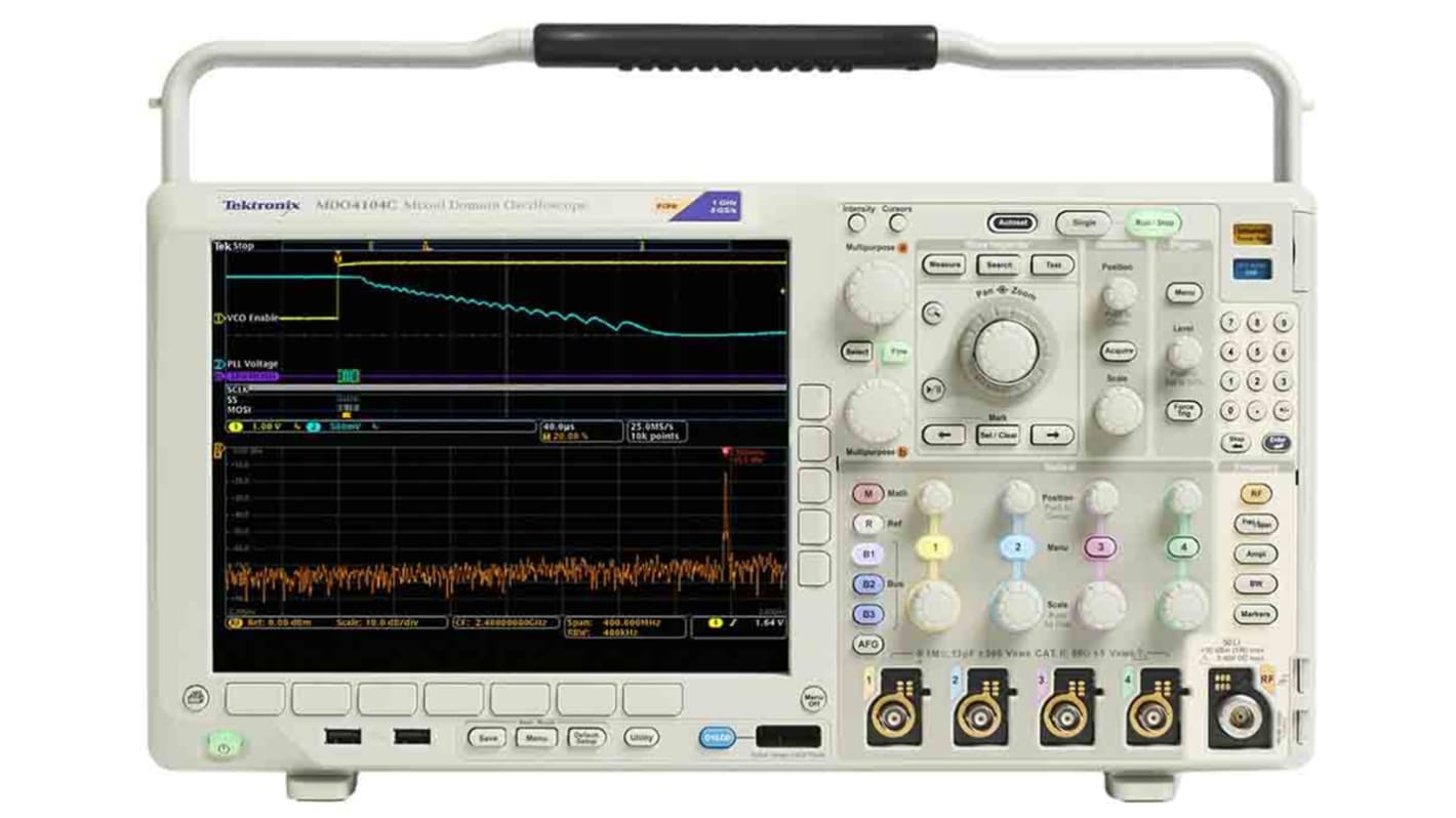 Osciloscopio Portátil Tektronix MDO4104, calibrado RS, canales:4 A, 16 D, 1GHz, pantalla de 264mm, interfaz CAN, IIC,