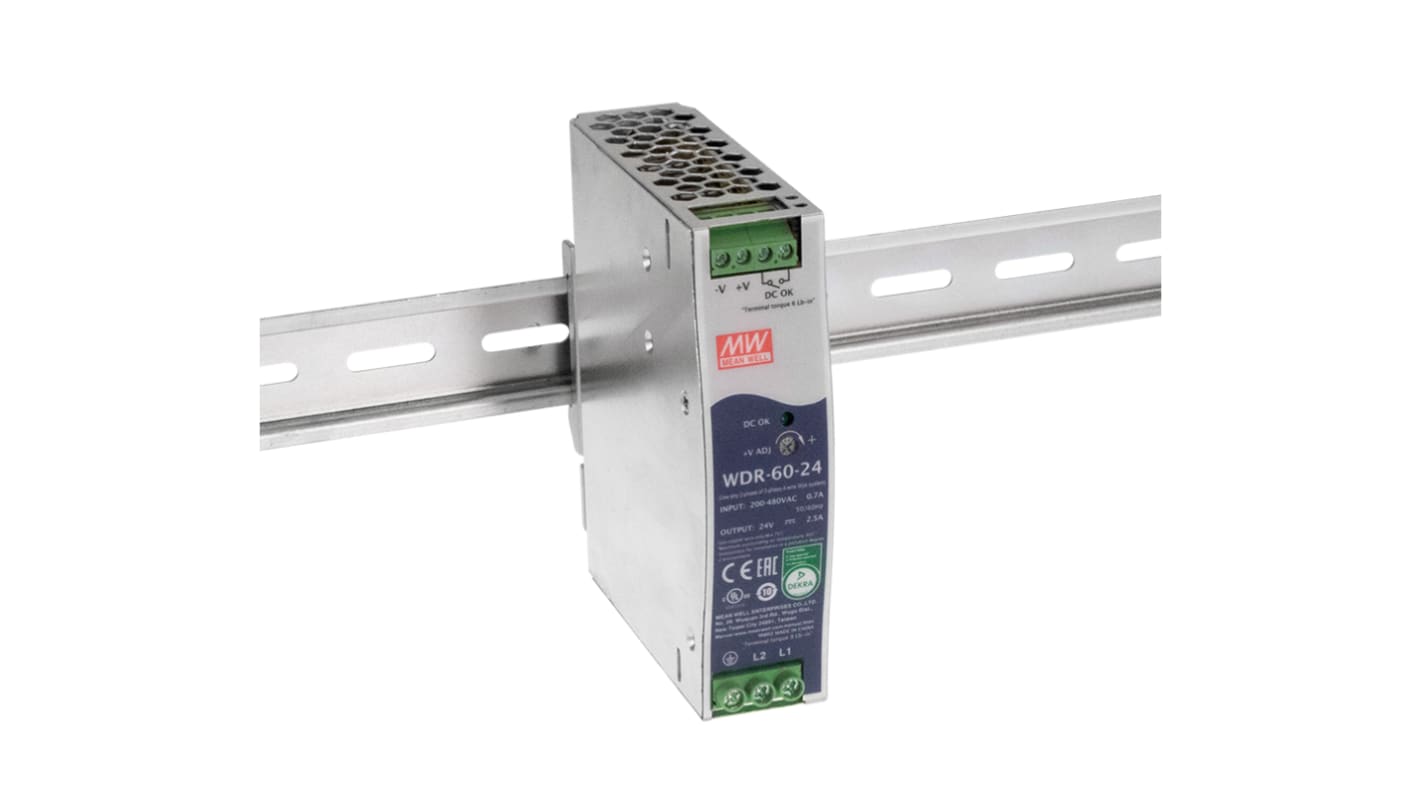 Fuente de alimentación de carril DIN MEAN WELL WDR-60, 1 salida 48 V dc 1.25A 60 W