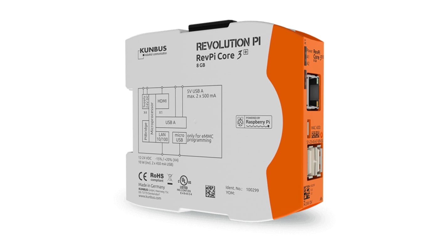 Ordenador industrial Kunbus RevPi Core 3+, 1.2 GHz Quad-Core, BCM2837, con 1 GB (RAM), 8 GB (FLASH), OS Linux, 12 24 V