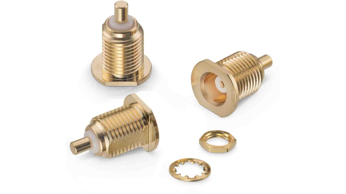 Conector coaxial Wurth Elektronik 60612432111512, Hembra, Recto, Impedancia 50Ω, Pasante, Sí, 6GHz +155°C -55°C, Oro