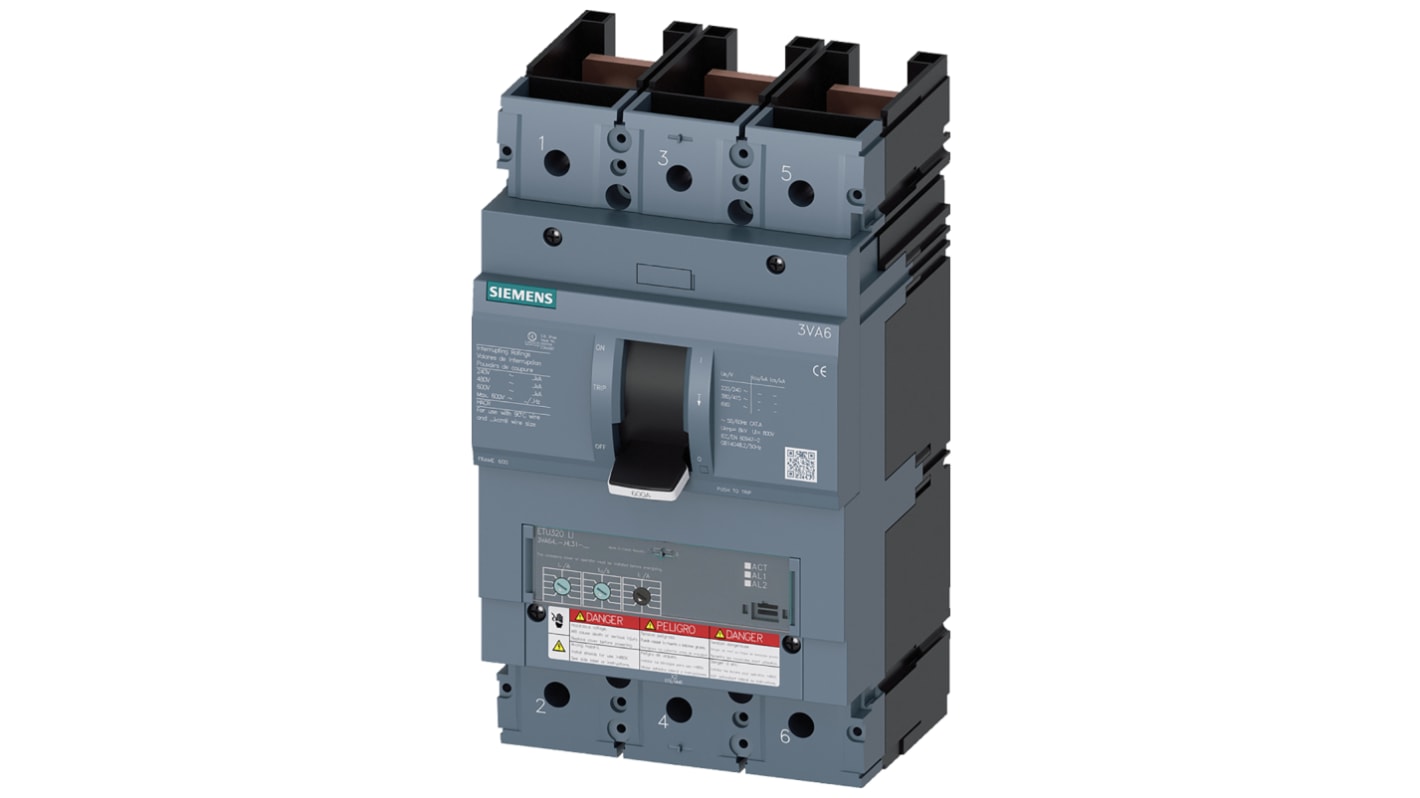 Disjoncteur Siemens 3VA6 3P, 600A, pouvoir de coupure 35 kA, montage rail DIN