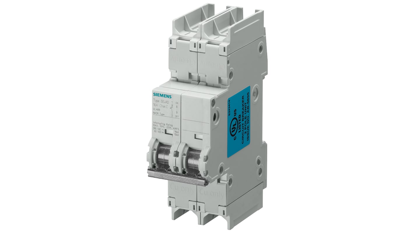 Siemens Sentron 5SJ4 MCB, 2P, 4A Curve D, 400V AC, 60V DC, 14 kA Breaking Capacity