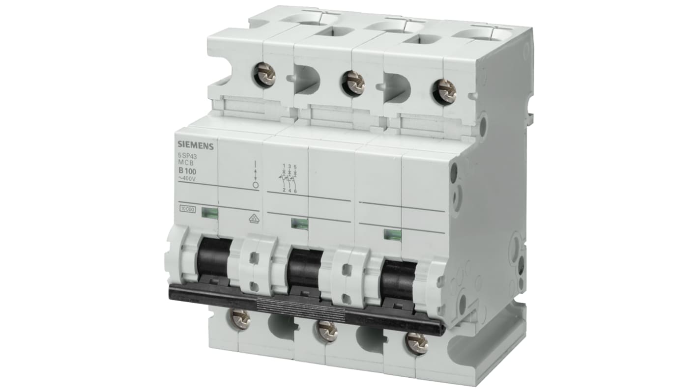 Siemens 5SP4 MCB Leitungsschutzschalter Typ C, 3-polig 100A 400V, Abschaltvermögen 10 kA Sentron DIN-Schienen-Montage