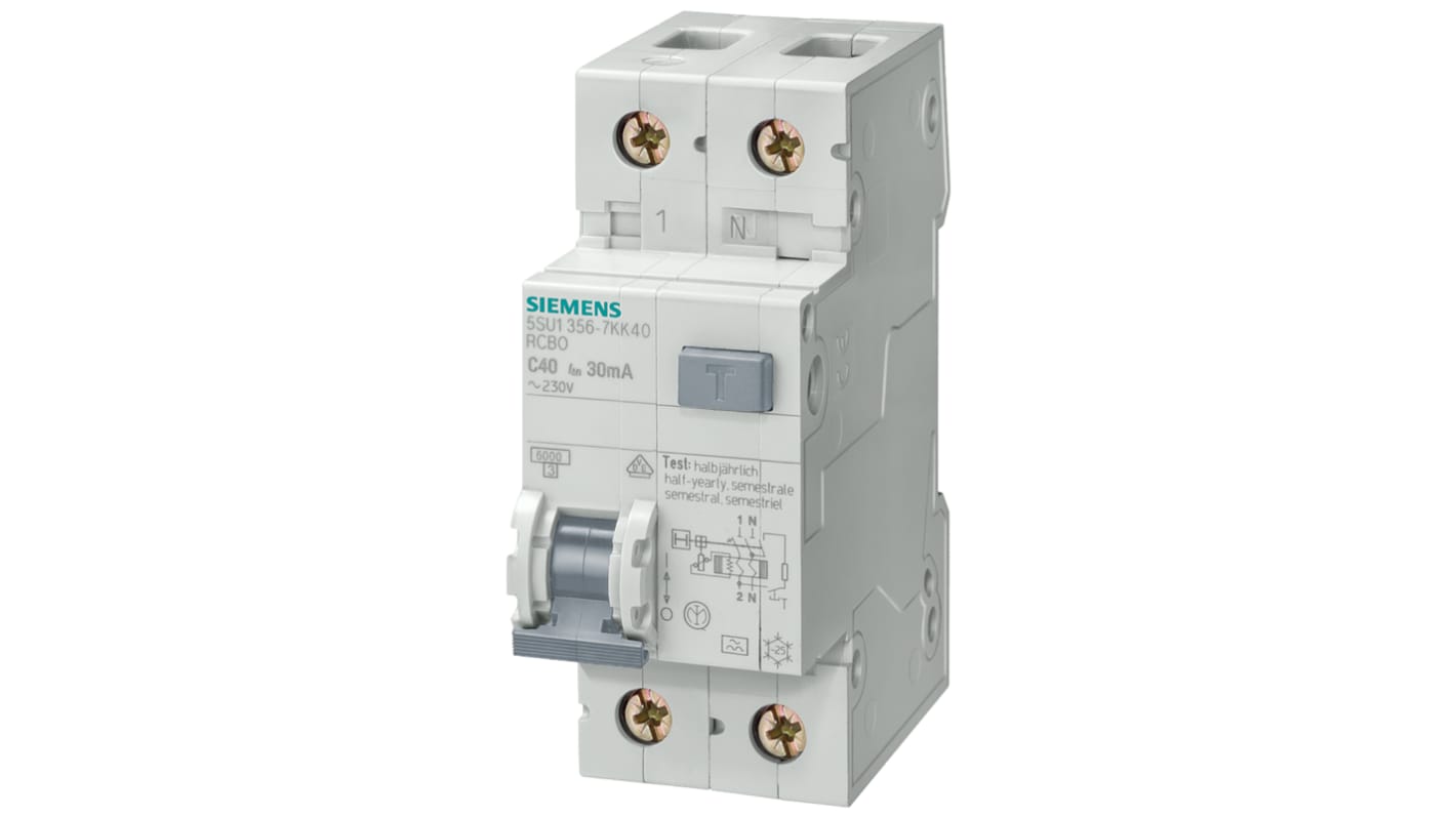 Siemens RCBO, 10A Current Rating, 2P Poles, 30mA Trip Sensitivity, Type AC, Sentron Range