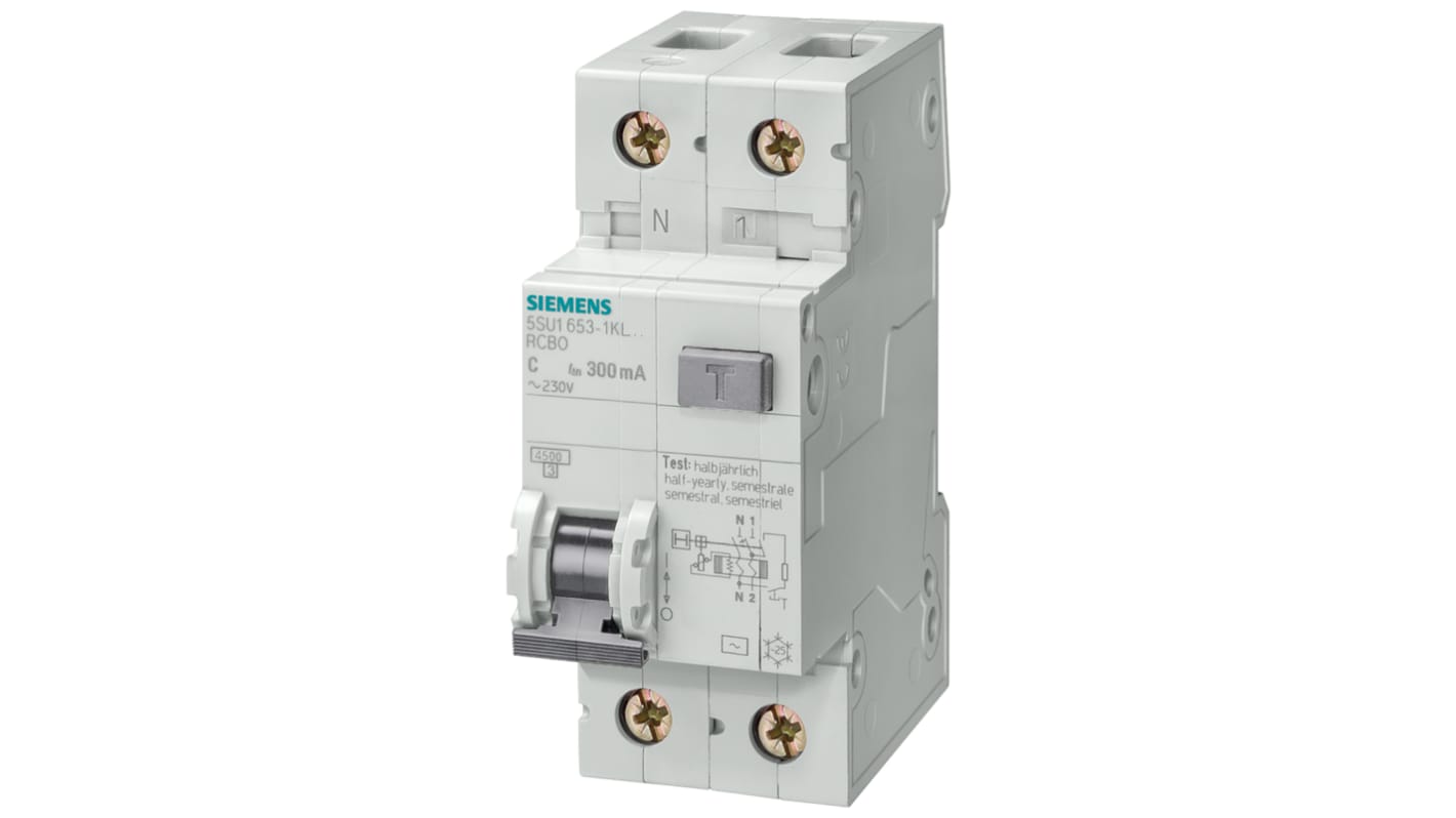 Disjoncteur différentiel magnéto-thermique Siemens 10A 2P Type AC, Montage rail DIN, 5SU1