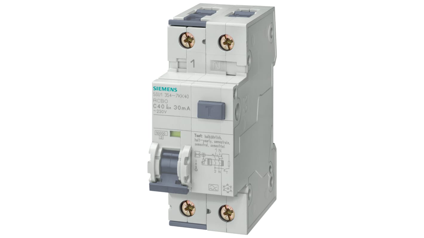 Siemens RCBO, 6A Current Rating, 2P Poles, Type AC, Sentron Range