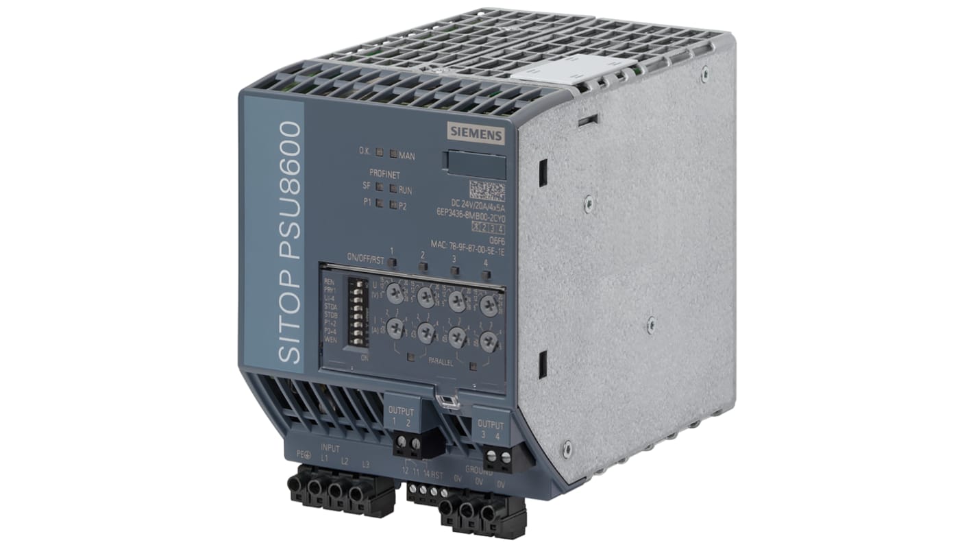 Siemens DINレール取付け用スイッチング電源, 6EP3436-8MB00-2CY0, 出力：20A, 定格：480W 入力電圧：ac 出力電圧：dc 24V dc/