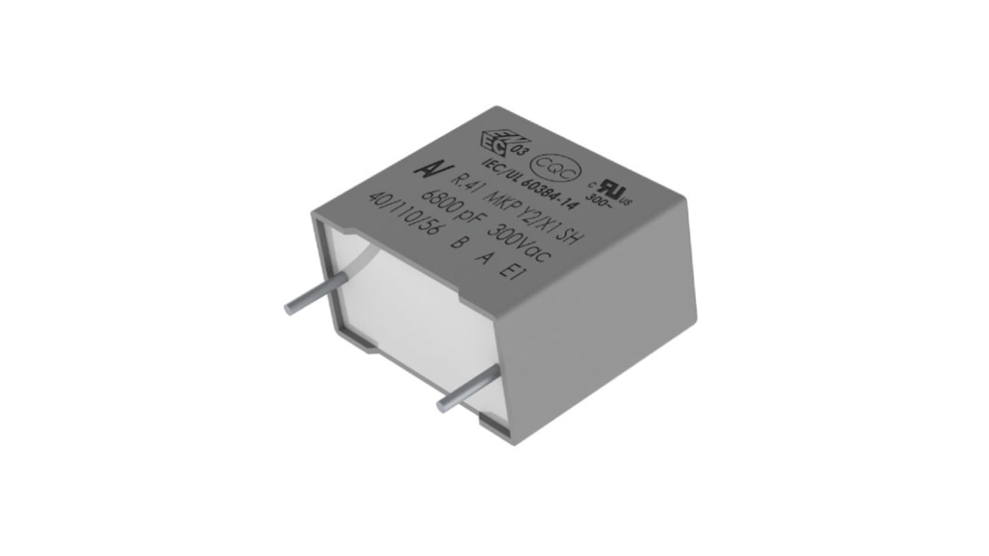 Condensador de película KEMET AEC-Q200, 100nF, ±10%, 1.5 kV dc, 300 V ac, Montaje en orificio pasante