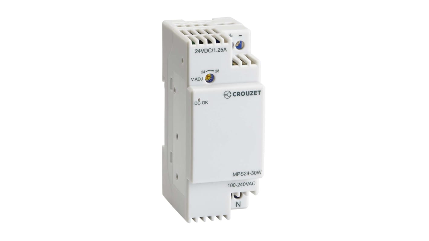 Crouzet Switched Mode DIN Rail Power Supply, 100V ac ac Input, 24V dc, 1.25A Output
