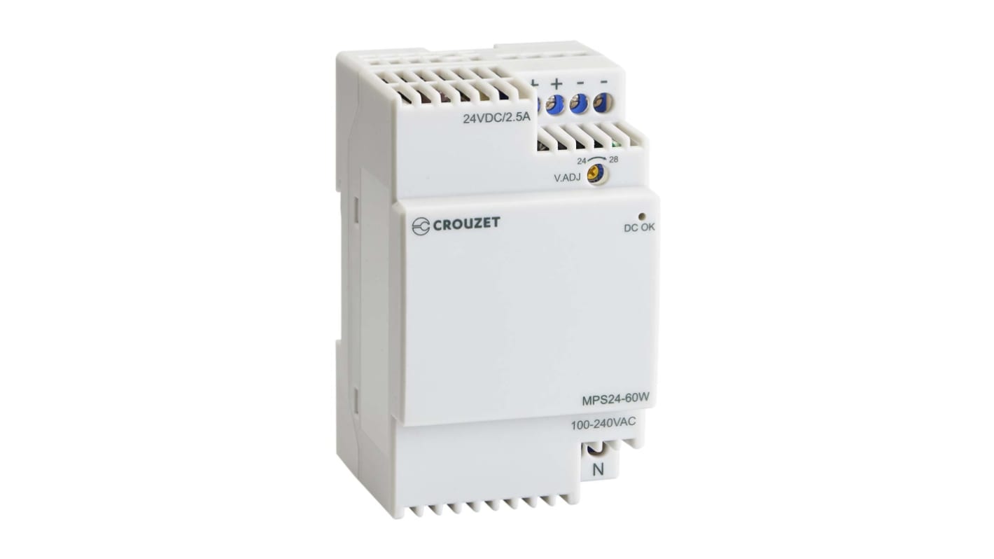 Crouzet DIN Rail Power Supply, 100V ac ac Input, 24V dc, 2.5A Output