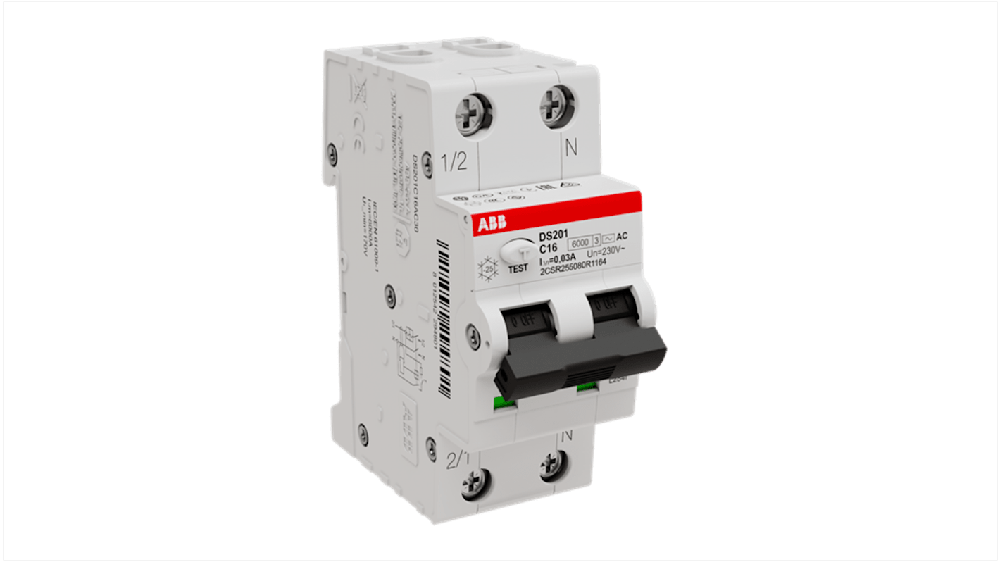 ABB RCBO, 16A Current Rating, 2P Poles, 30mA Trip Sensitivity, Type C, System Pro M Compact Range