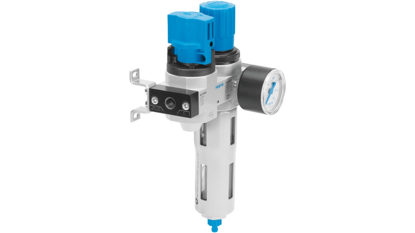 Festo G 1/4 FRL Assembly, Manual Drain, 40μm Filtration Size - With Pressure Gauge