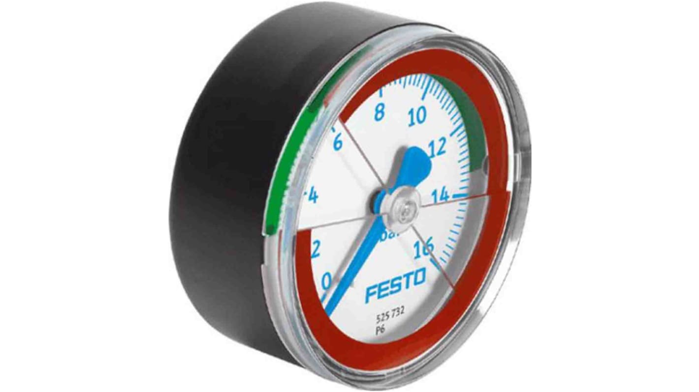 Festo 525726 Druckmessgerät Prozessanschluss hinten Analog 0bar → 16bar, Ø 40mm ABS Gehäuse