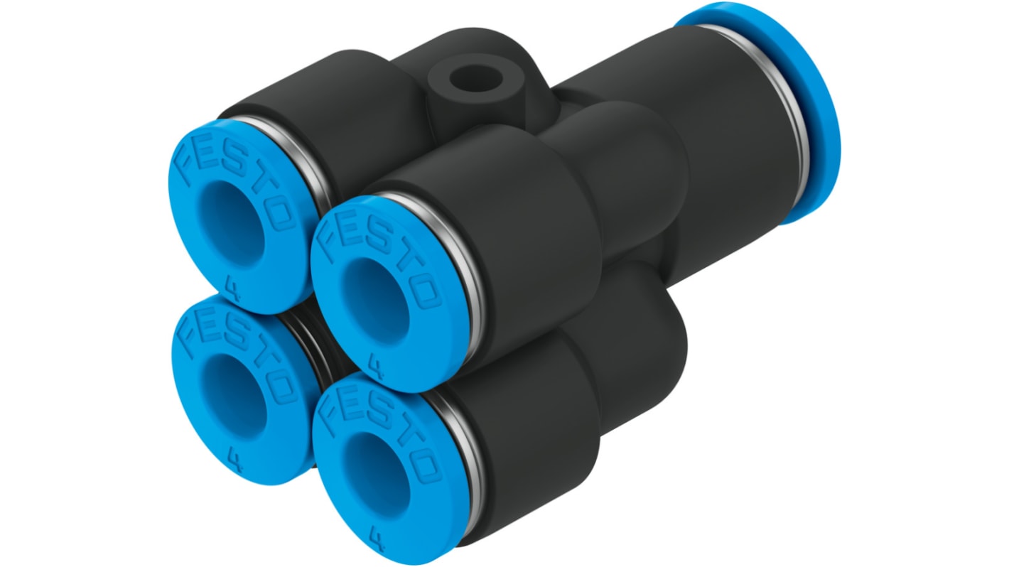 Racor neumático Festo QSQ, Adaptador de tubo a tubo de 4 salidas en Y, con. A Encaje a presión, 4 mm, con. B Encaje a