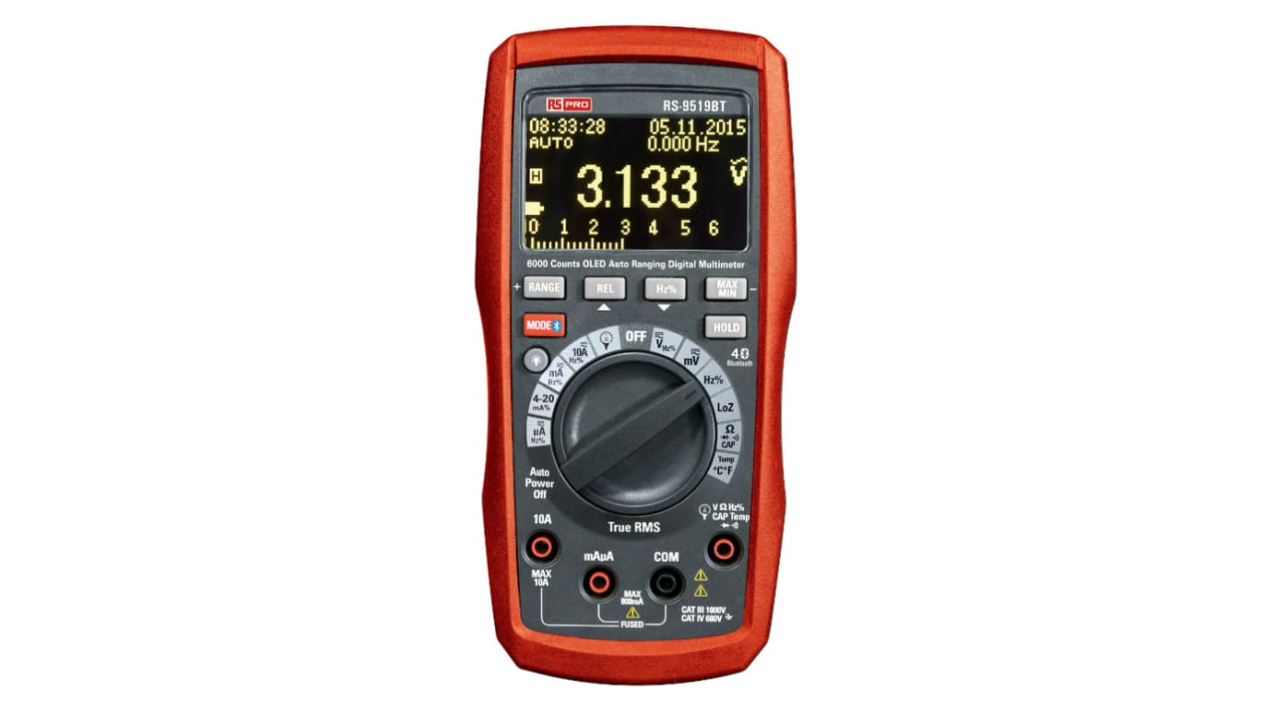 RS PRO RS-9519BT Handheld Digital Multimeter, 10A ac Max, 10A dc Max, 1000V ac Max - RS Calibrated