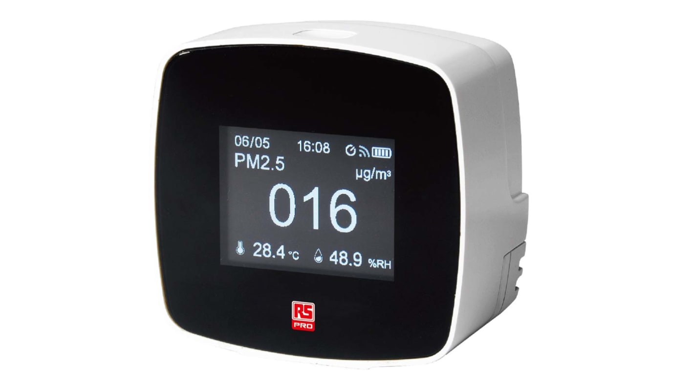 RS PRO Data Logging Air Quality Monitor for Humidity, PM 2.5, Temperature, +50°C Max, 95%RH Max, Battery-Powered