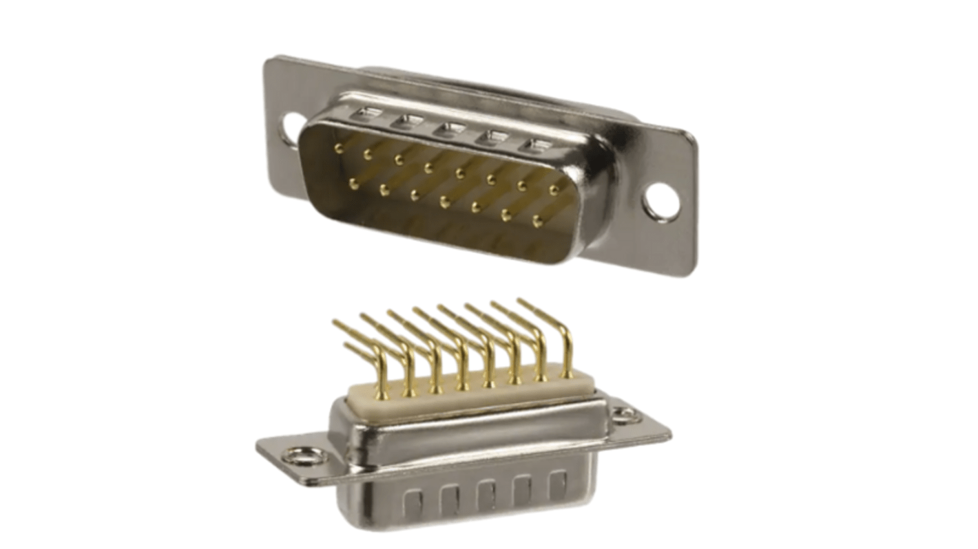 Norcomp 173 15 Way Right Angle Panel Mount D-sub Connector Plug, 2.75mm Pitch, with 4-40 Screw Locks