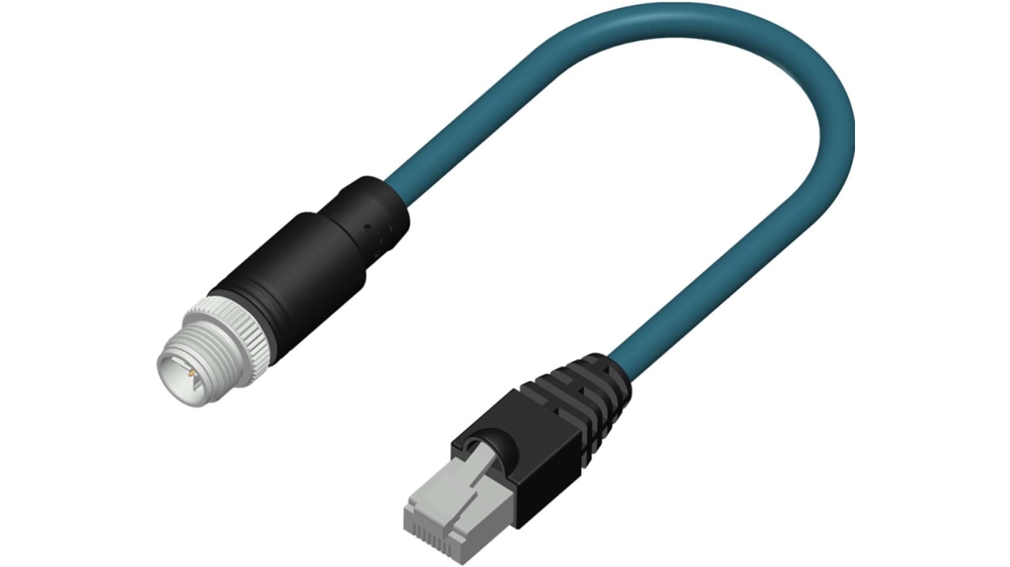 RS PRO Cat6a Straight Male M12 to Male RJ45 Ethernet Cable, Tinned Copper Braid, Teal PVC Sheath, 5m