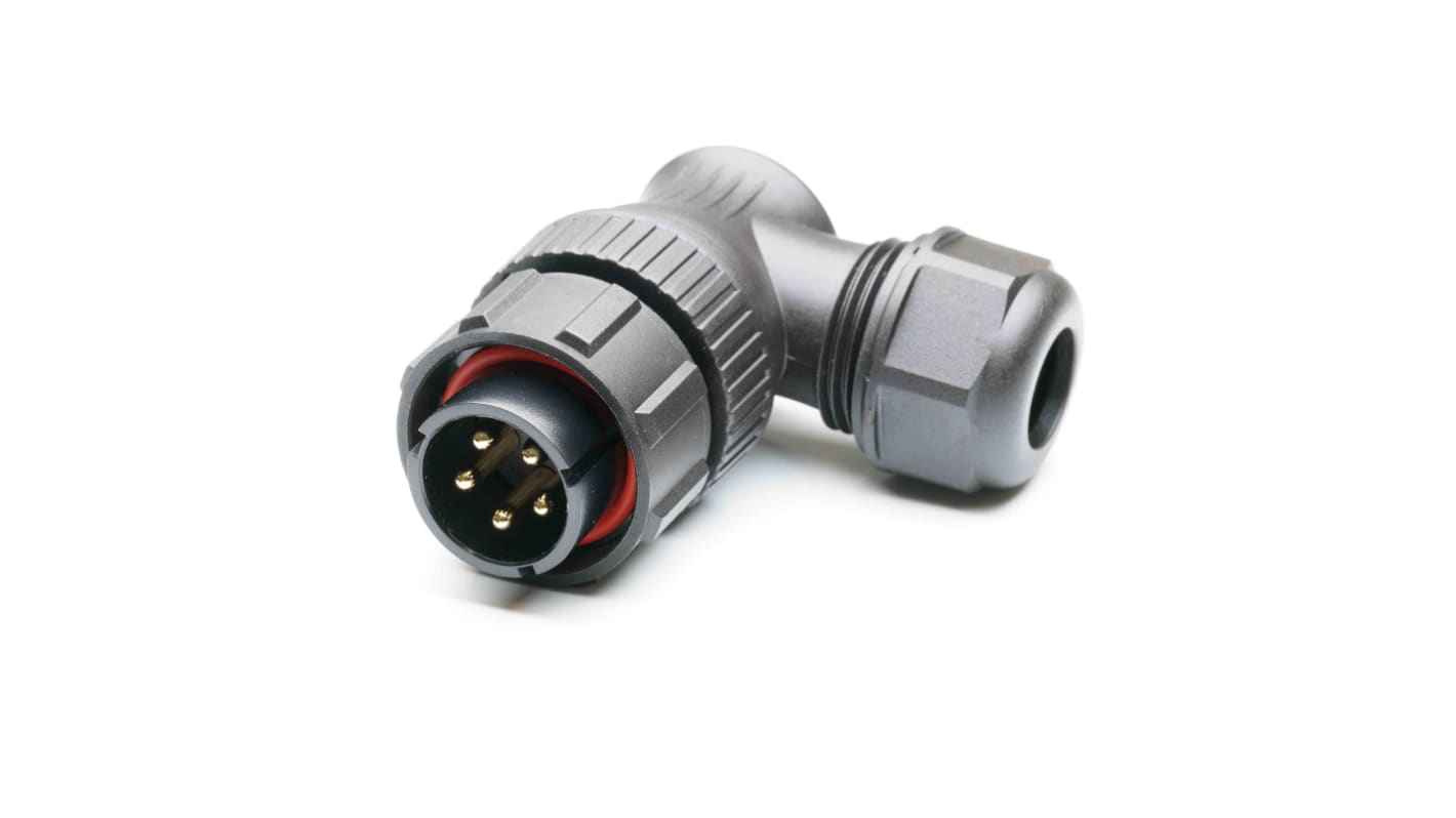 Conector circular RS PRO macho Ángulo de 90° de 5 vías macho, montaje aéreo, IP67